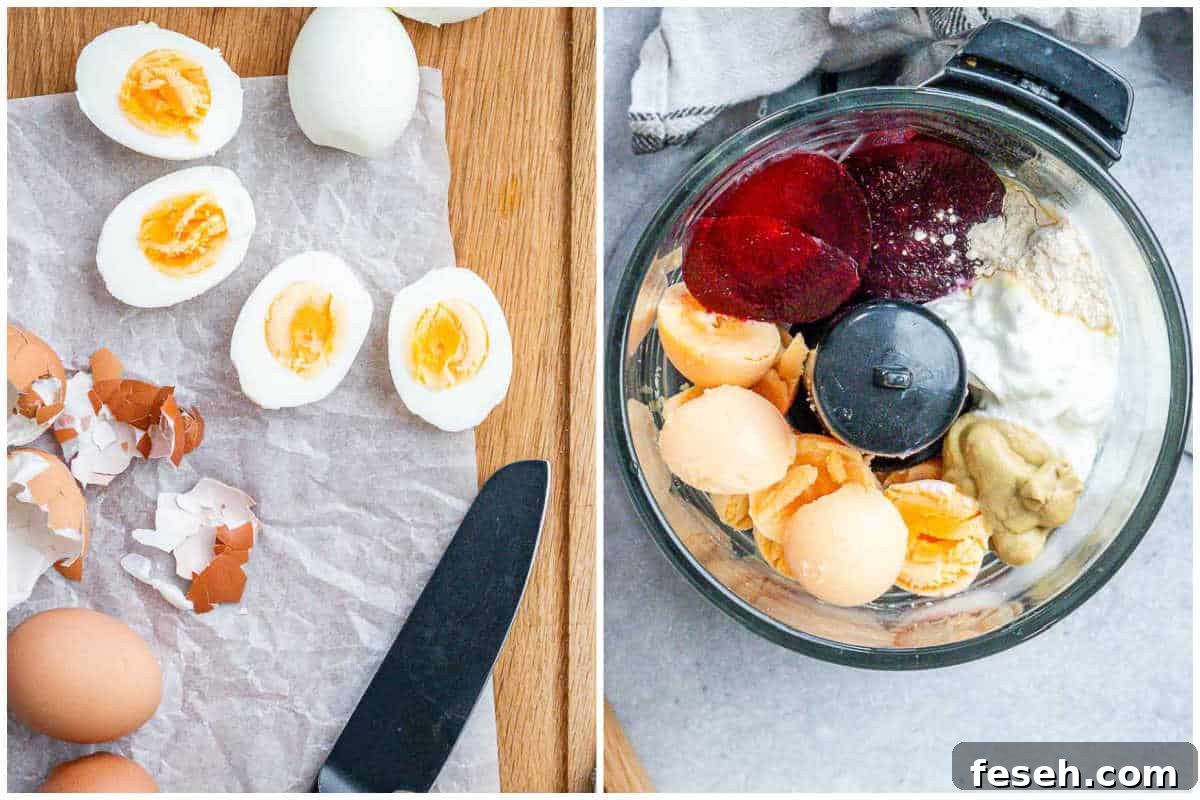 process shot to cut the boiled aggs and adding it in to the food processor to make deviled eggs.