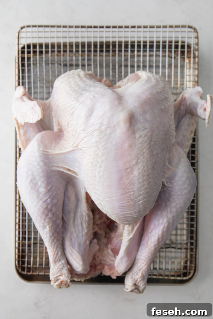 brined turkey laying on a wire rack