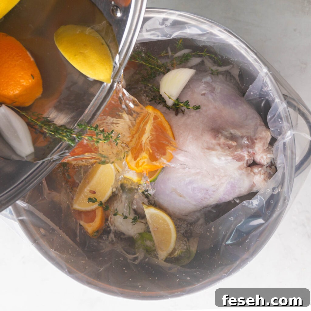 pouring brine over a turkey