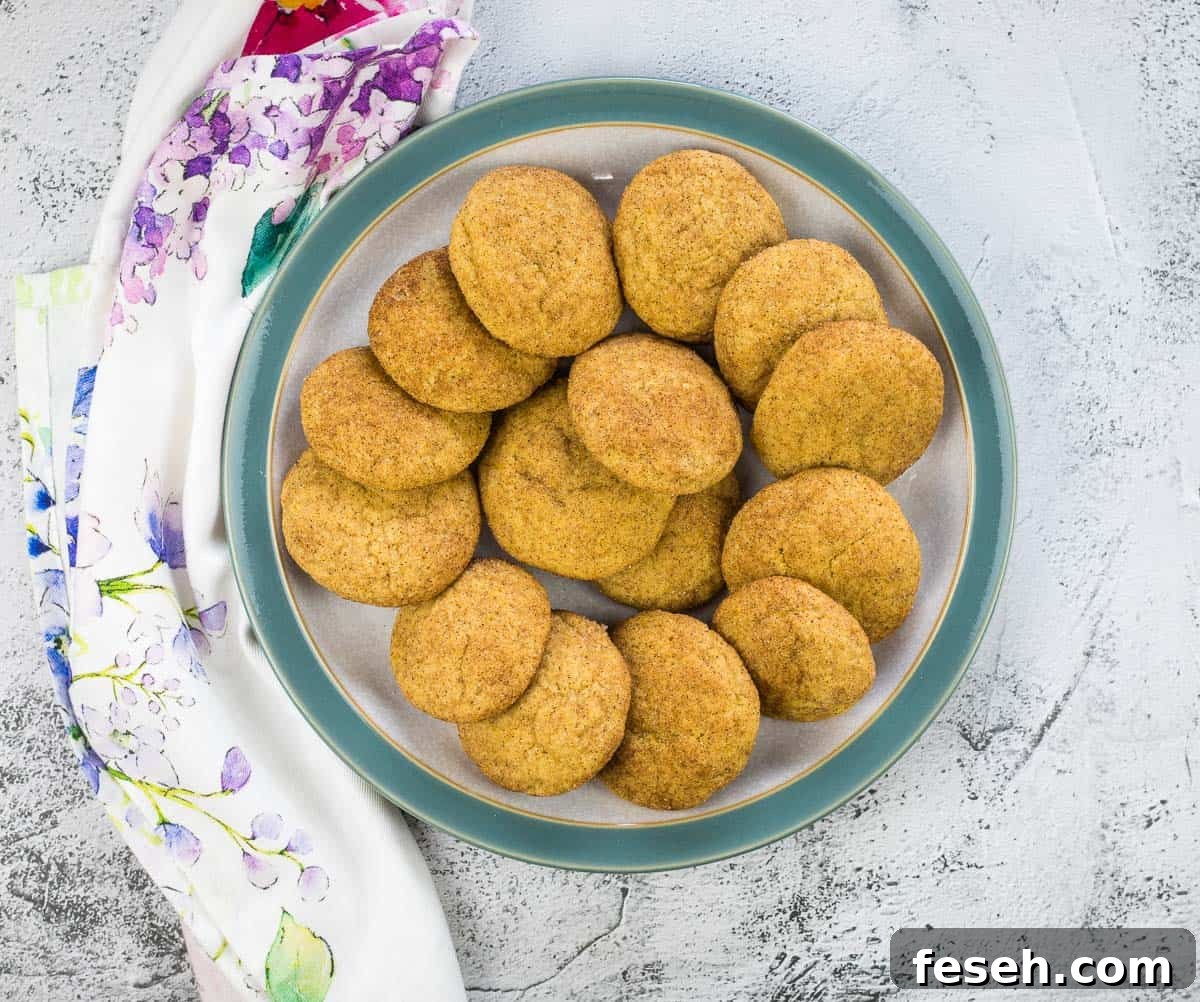 Pumpkin Snickerdoodles in a circle on a grey and blue plate.