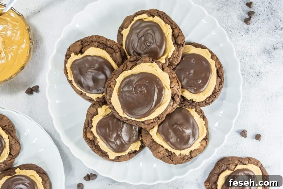 A white plate holds several chocolate cookies topped with a layer of peanut butter and a swirl of chocolate ganache.