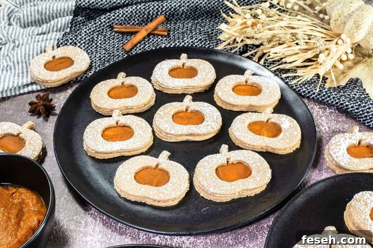 A black plate holds Pumpkin Linzer cookies dusted with powdered sugar.