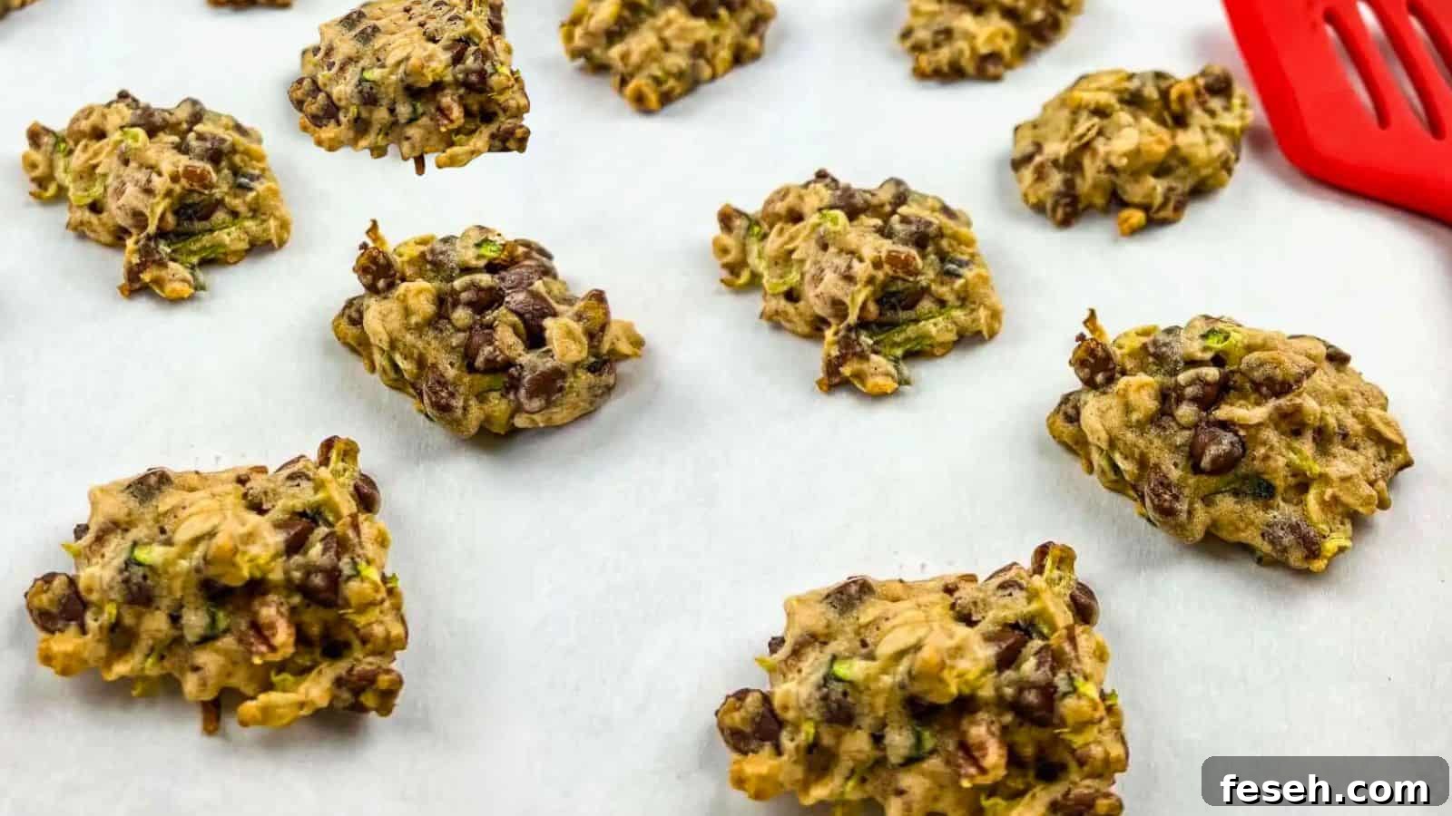 A batch of Zucchini cookies with chocolate & pecan on a parchment-lined baking sheet.