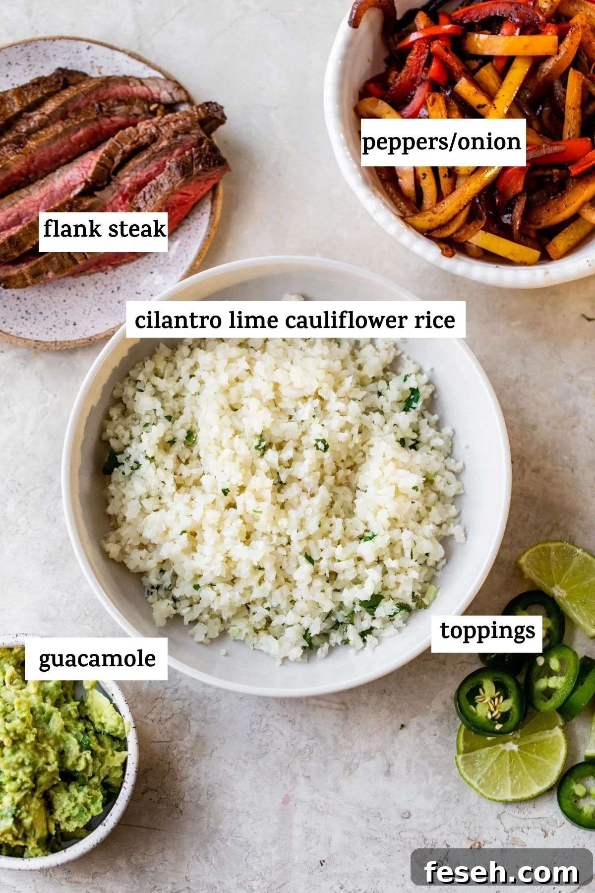 ingredients to make fajita bowls like cauliflower rice and steak