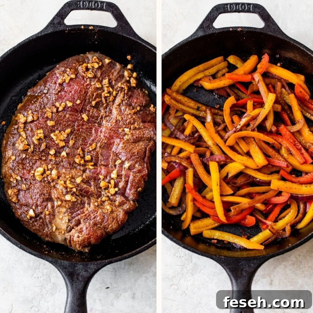 marinated flank steak in a cast iron on the left and sliced peppers and onion in a cast iron on the right