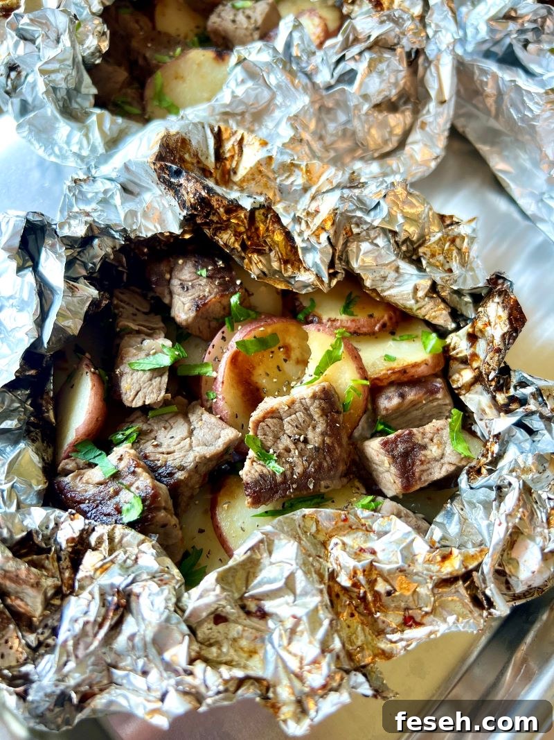 Marinated steak and potato foil packets