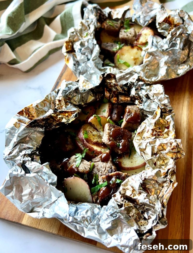 Served steak and potato foil packet