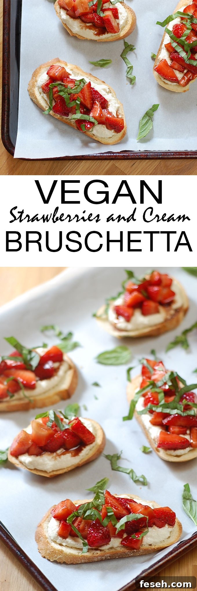 Creamy, delicious strawberry bruschetta toasts made light, healthy and vegan with cashew cream. This recipe is so easy and elegant, perfect for any spring or summer meal!