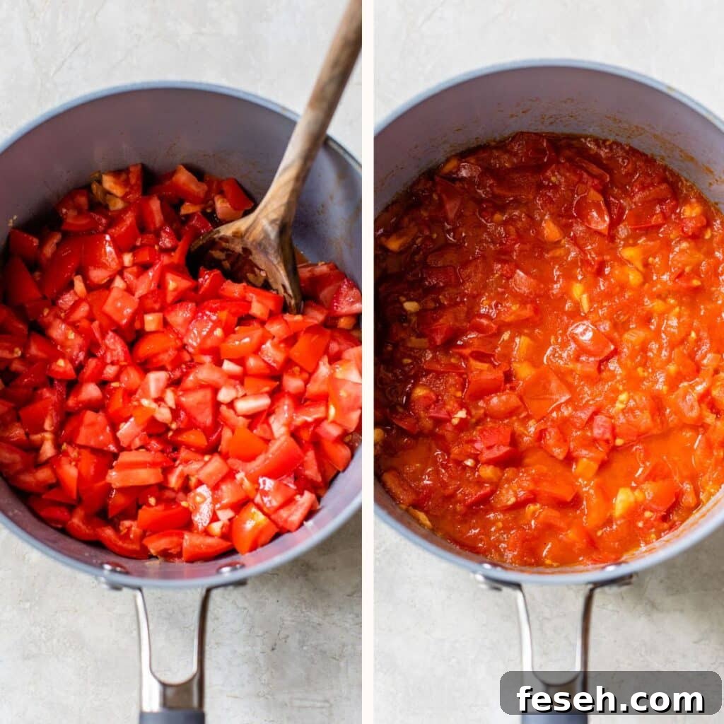 diced tomatoes in a saucepan on the left and simmered on the right