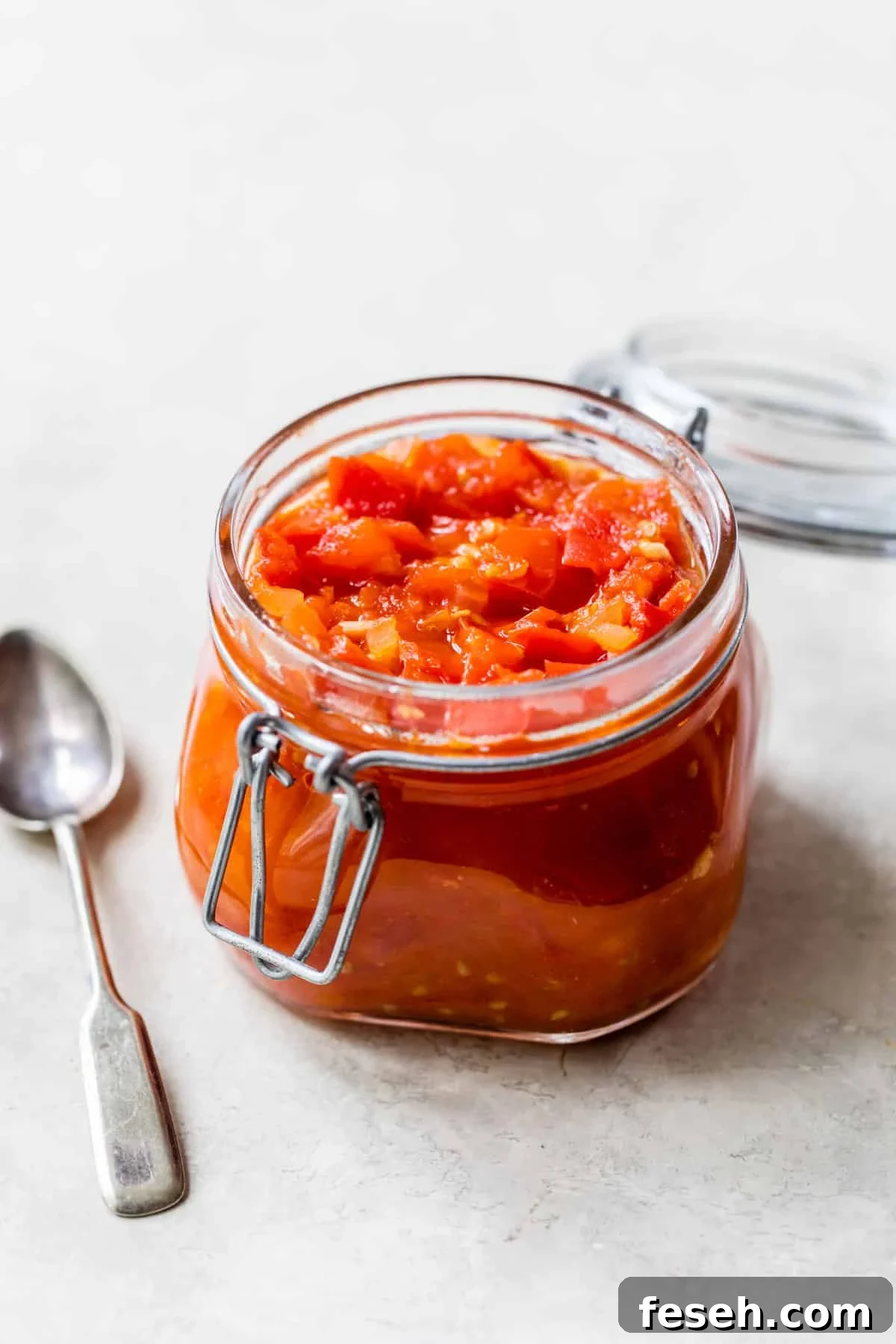 a jar of cooked diced tomatoes next to a spoon