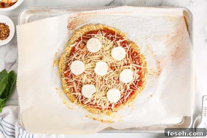 overhead view of uncooked pizza dough with cheese on top