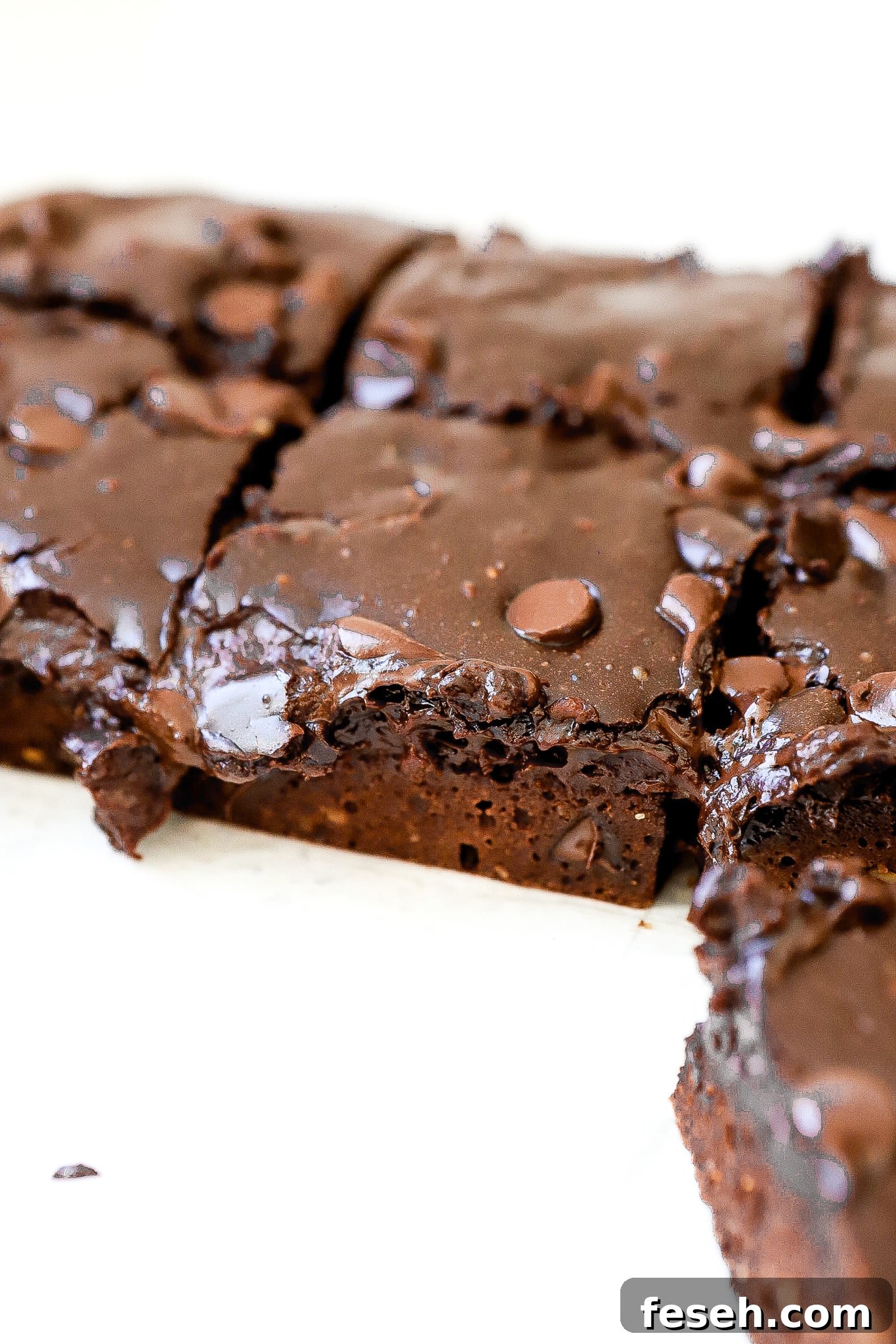 Side view of perfect protein brownies with chocolate chips.