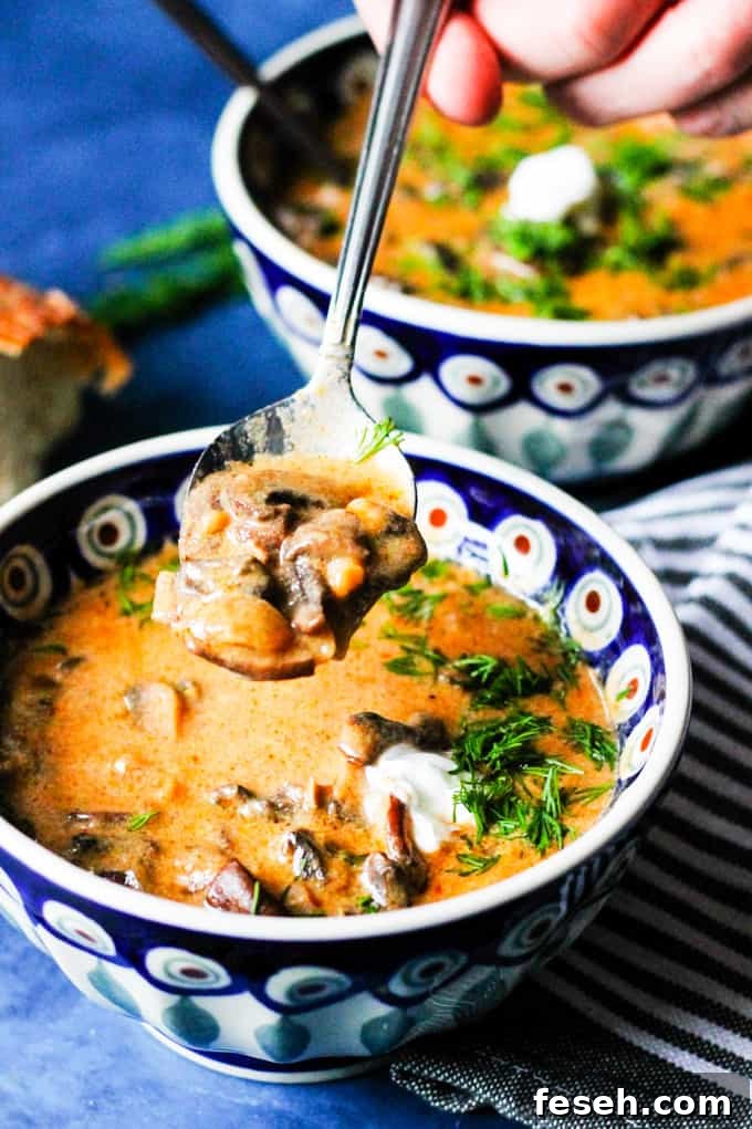 Picking up mushroom soup with a spoon from a bowl