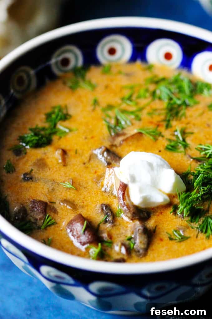 Hungarian mushroom soup in a blue bowl with dill and sour cream dollop