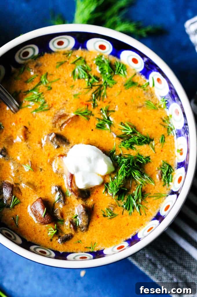 Mushroom soup with dill and cream in a blue bowl