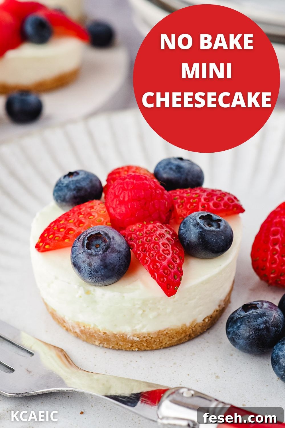 Cheesecake on a plate with fresh berries and a fork, with text overlay.
