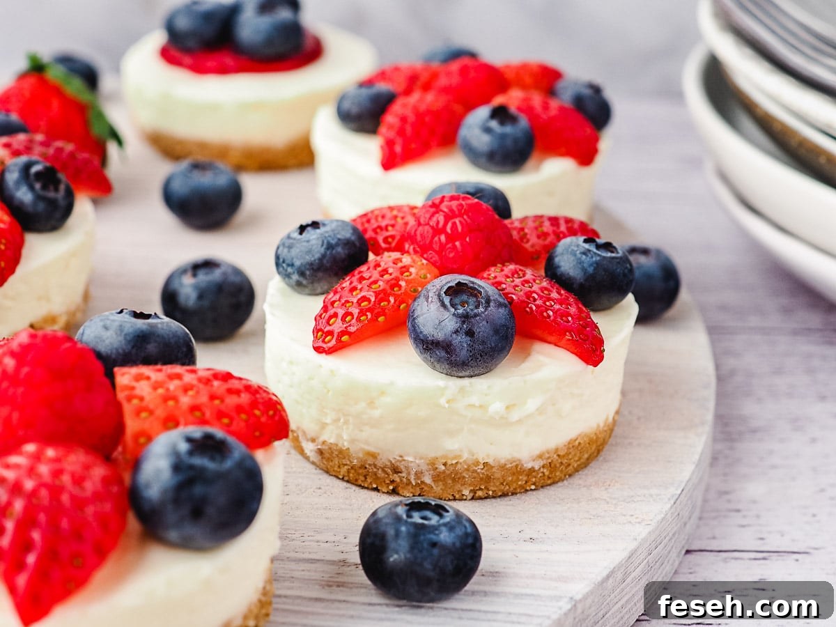 Cheesecakes on a platter with fresh fruit and stack of plates in background.