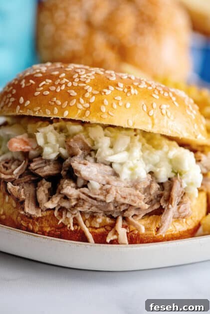 Close-up of crock pot pulled pork on burger (game day recipes).