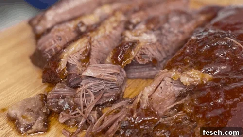 Close-up on slices of beef brisket.