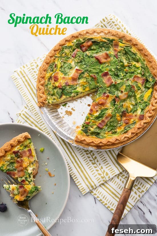 Spinach Bacon Quiche Recipe for Breakfast Brunch on a plate 