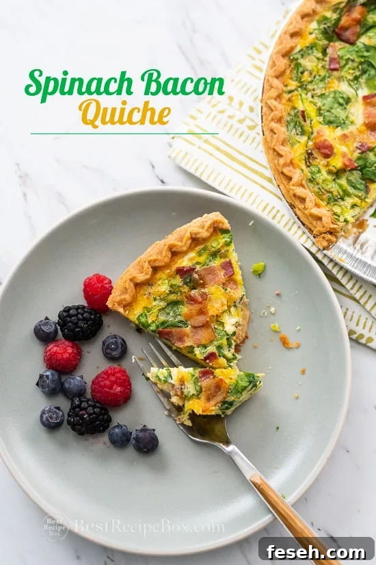 Spinach Bacon Quiche Recipe for Breakfast Brunch on a plate 