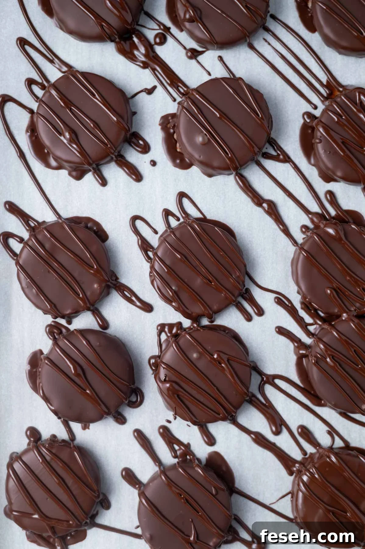 chocolate drizzled over chocolate dipped coconut patties