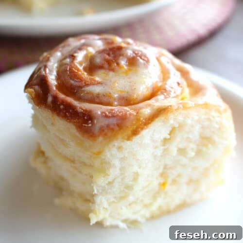 A square hero shot of a fluffy lemon roll on a white plate.
