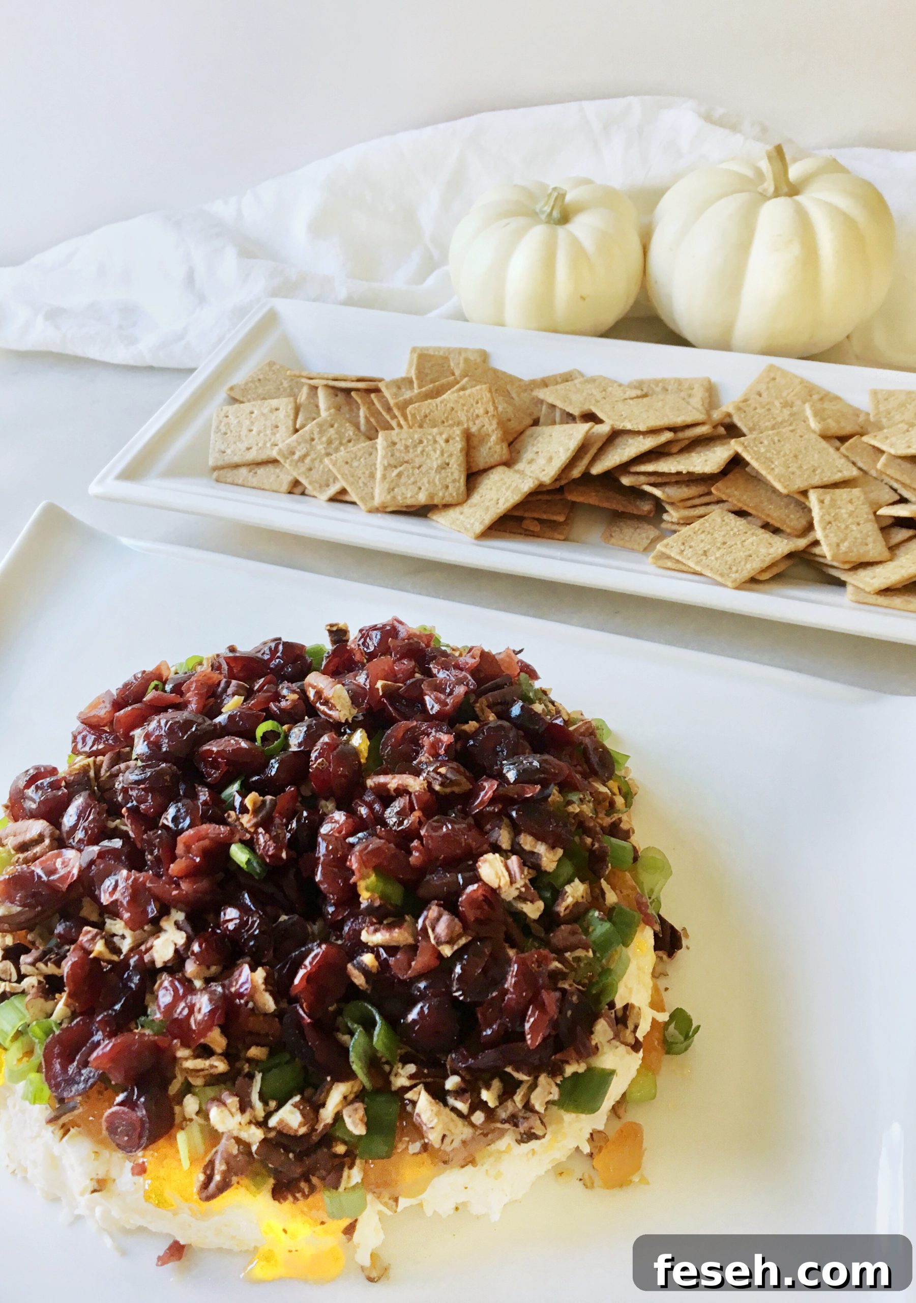 crackers with a layered cheese spread appetizer on white platters