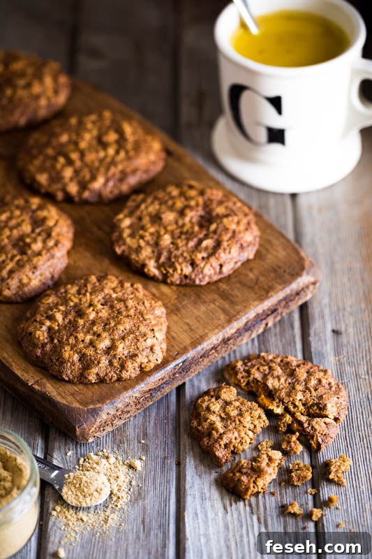 Wholemeal ginger cookies made with spelt flour and reduced sugar, as well as some wholesome oats, to really bump up the micronutrients in this recipe. Fiery ginger makes for a perfect flavour to go alongside a mug of hot milk on a cold day.