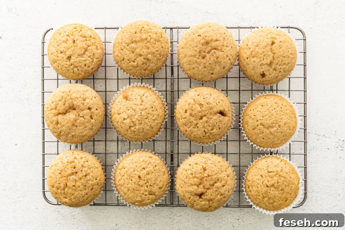 overhead image of 12 pecan pie cupcakes without frosting on a cooling rack