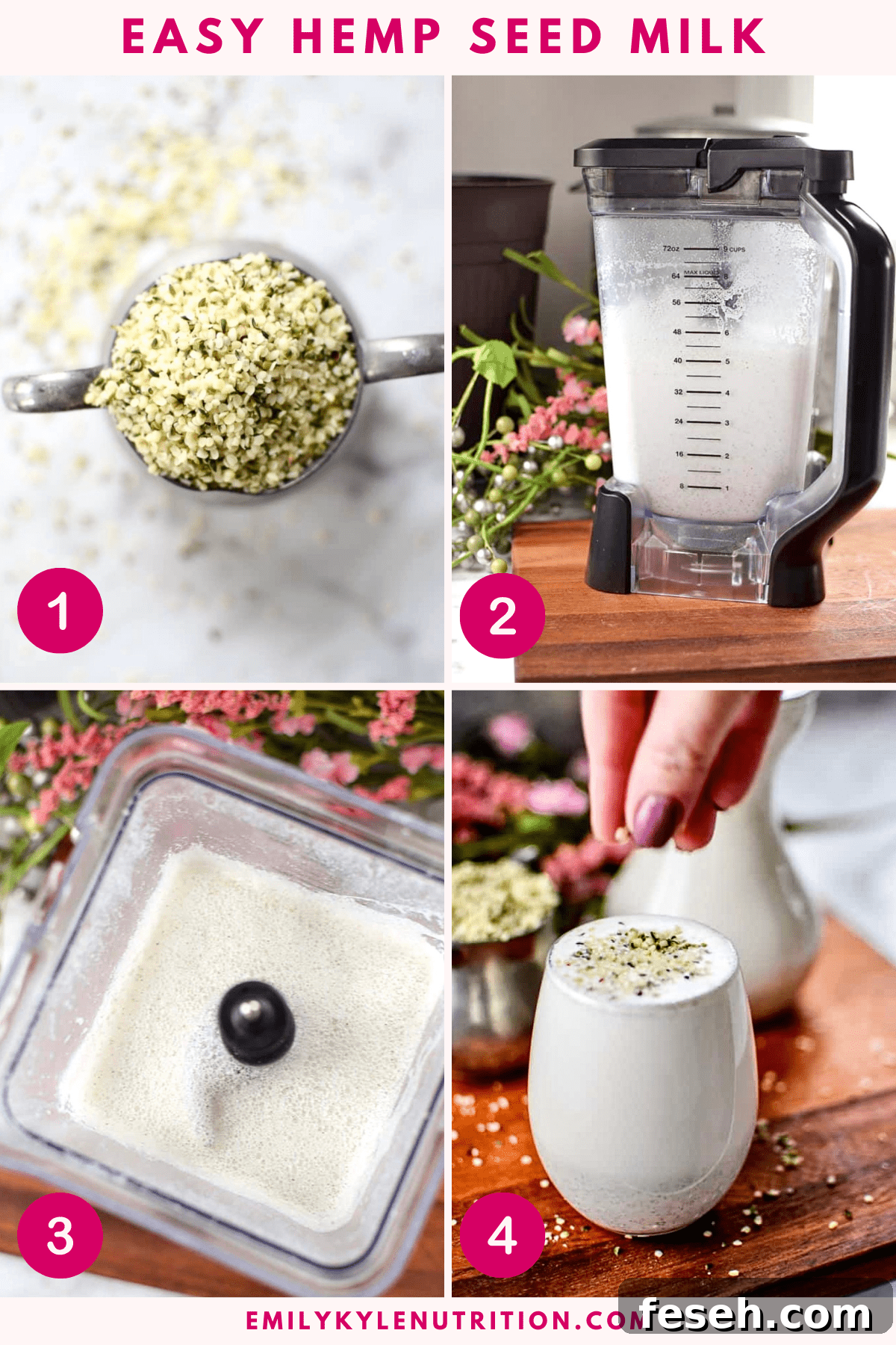 A four step image collage showing how to make homemade hemp seed milk.