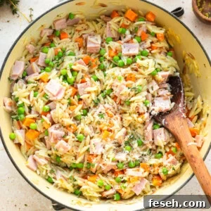 lemon orzo with ham, peas, carrots and parmesan cheese