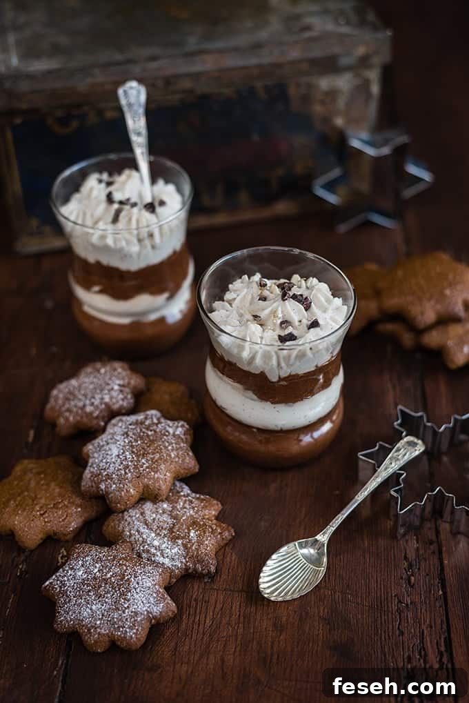 Vegan chocolate and coconut mousse made with aquafaba served with gluten free lebkuchen cookies