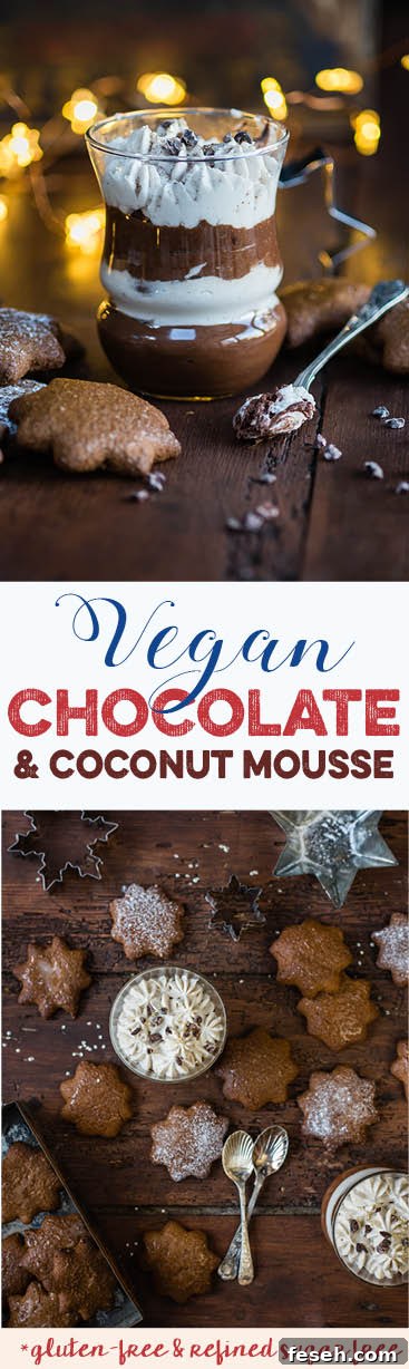 Vegan chocolate and coconut layered mousse made with aquafaba and full of festive spices. An easy but delicious Christmas dessert.