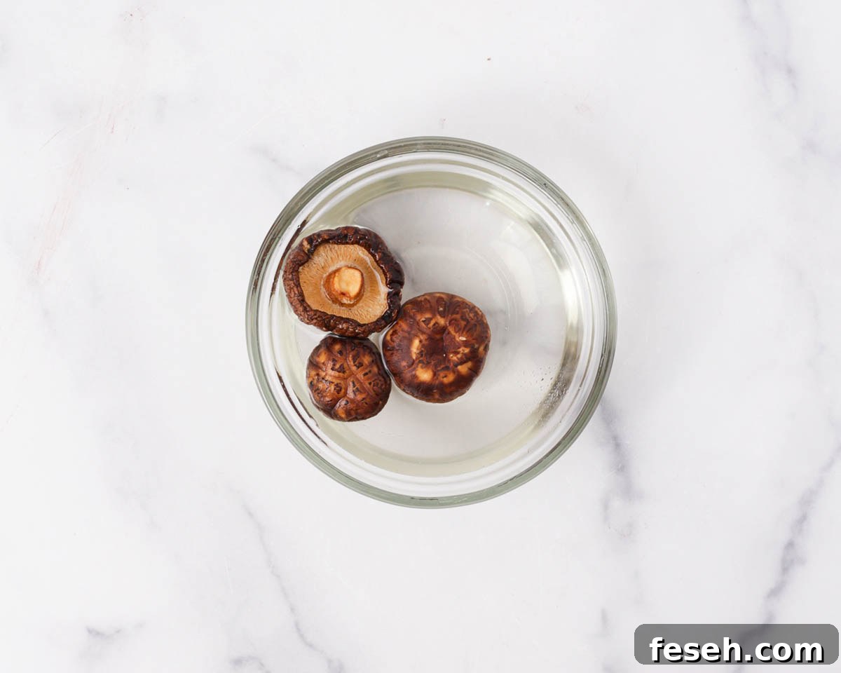 Soaking dried shiitake mushrooms.