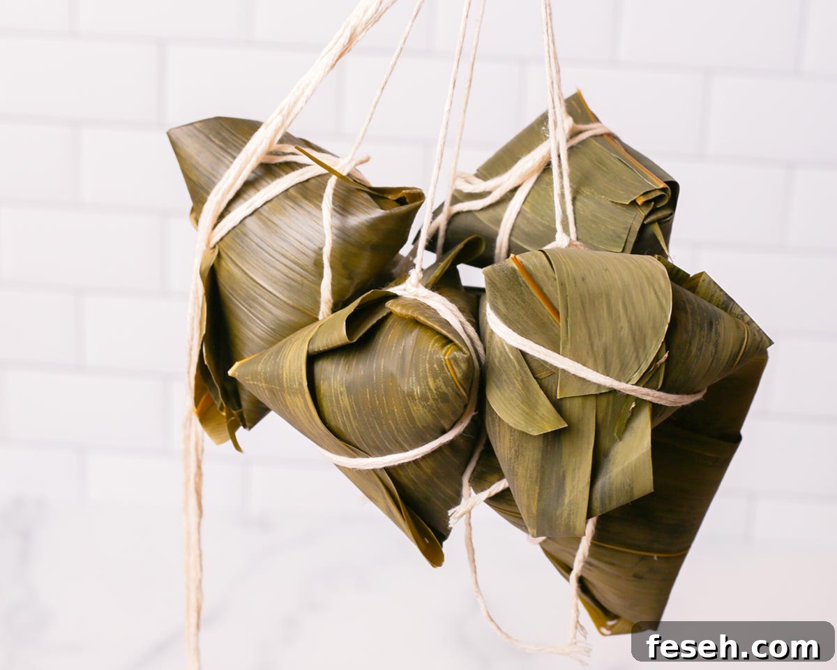 All the zongzi hanging from the string.