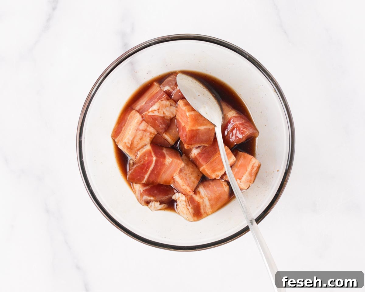 Marinating pork belly.