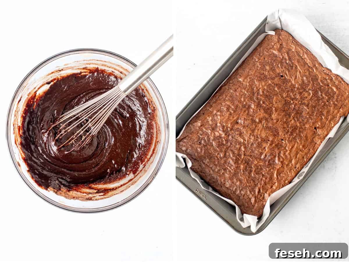 Bowl of brownie batter and pan of baked brownies