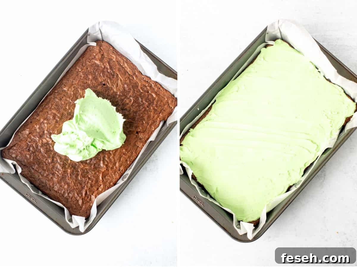Pan of brownies with mint filling on top, and pan of brownies with mint filling spread into an even layer