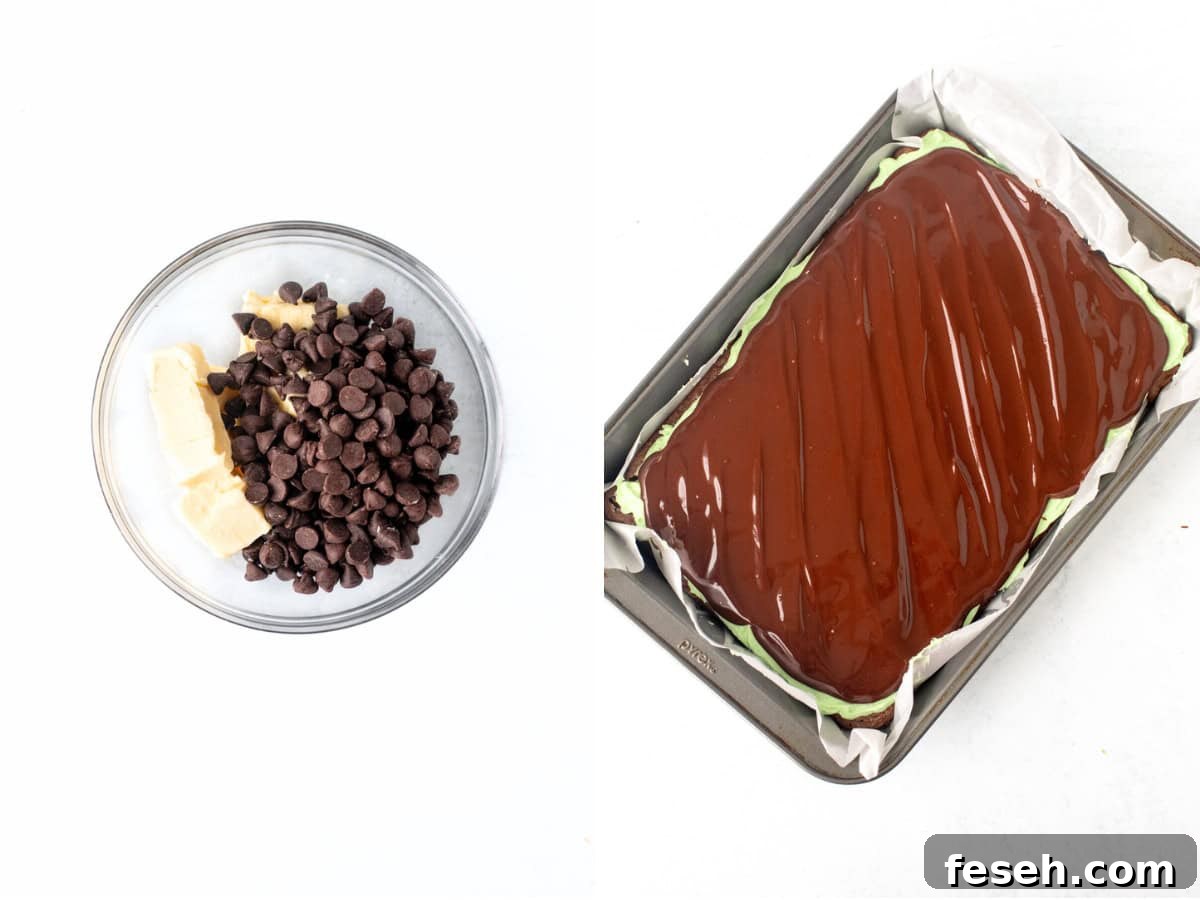Bowl of chocolate chips and butter and pan of mint brownies with chocolate topping