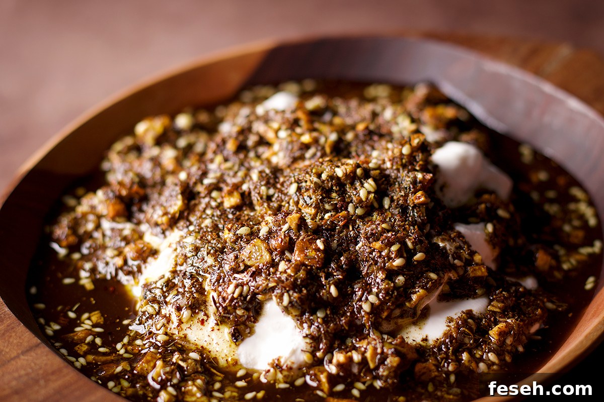 A wood bowl filled with za'atar labneh with crispy garlic.