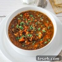 A bowl of slow cooker lentil soup.
