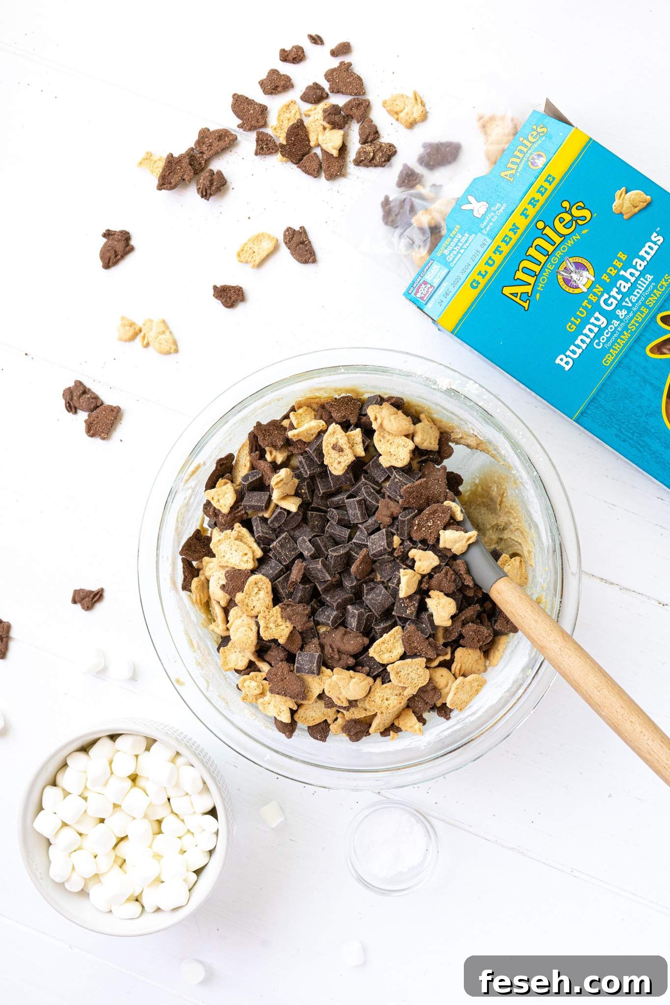 Cookie dough mix for s'mores cookies with chocolate and Annie's Bunny Grahams
