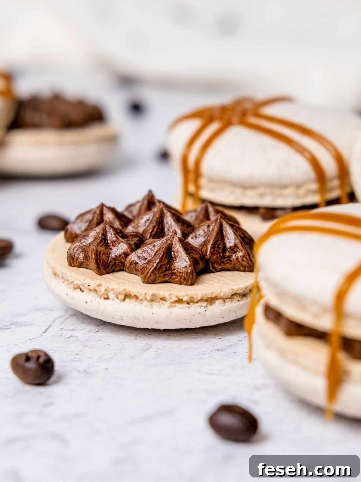 a chai spice macaron shell with espresso buttercream piped on top