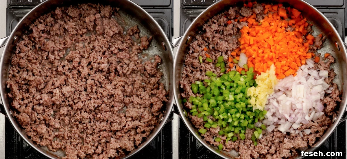 Browning the beef and sauteeing the veggies.