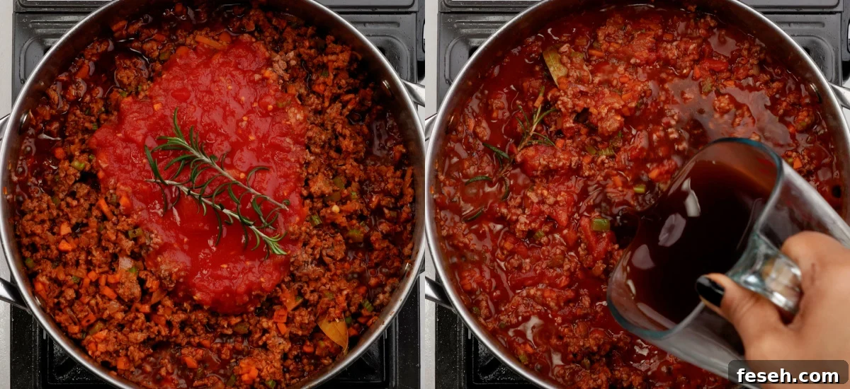 Adding the plum tomatoes, beef stock and slow cooking until the sauce thickens.