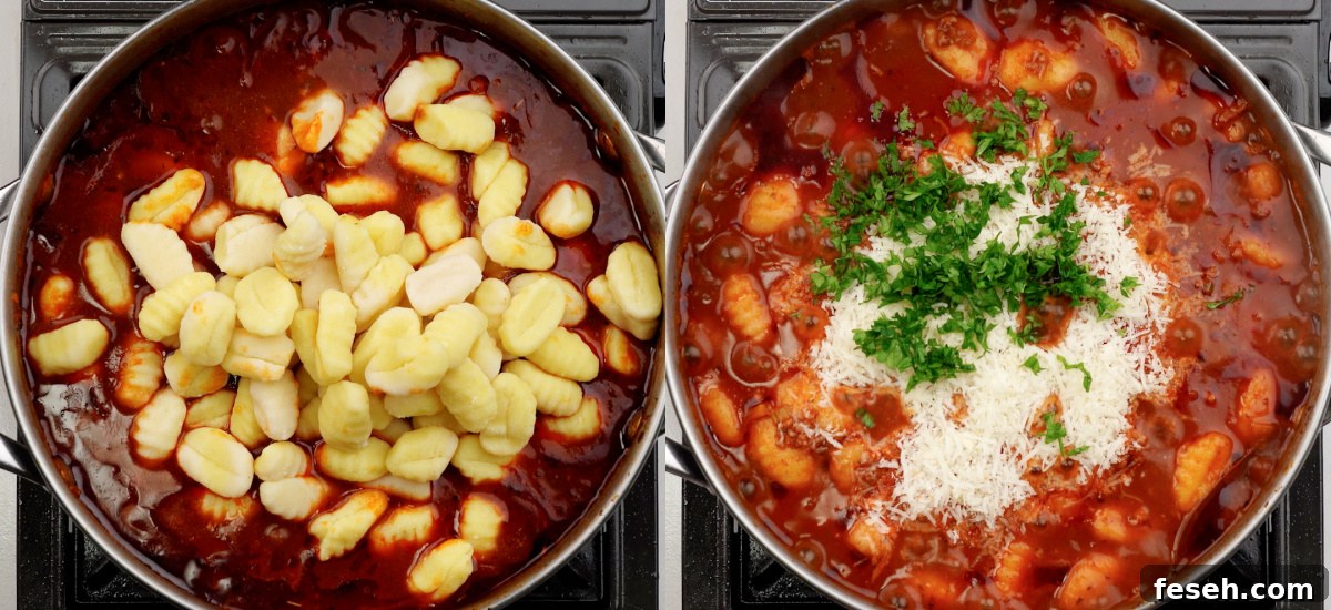 Adding the gnocchi. Garnishing with parmesan and parsley once dish is ready.