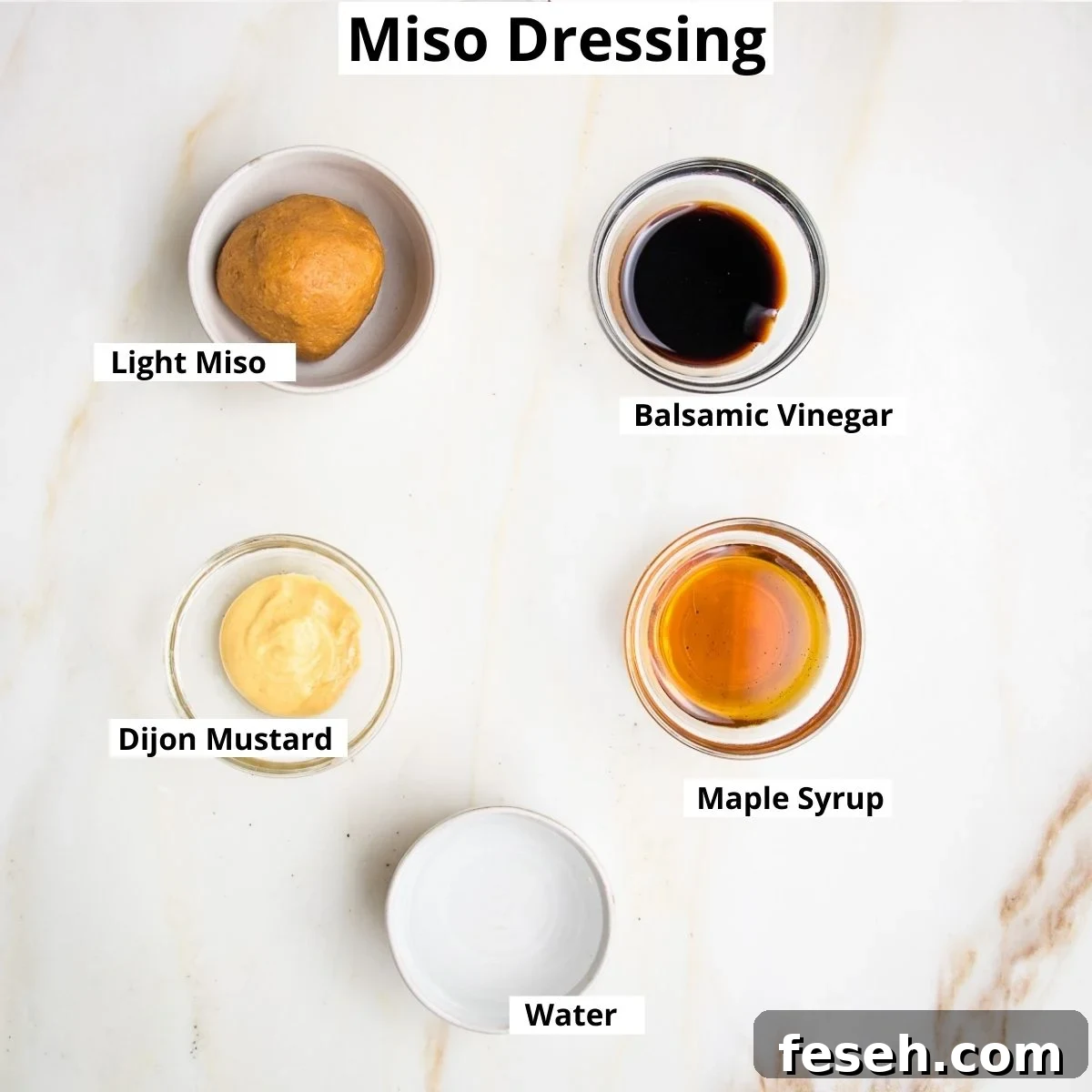 Miso dressing labeled ingredients: balsamic vinegar, light miso, dijon mustard, maple syrup, water.