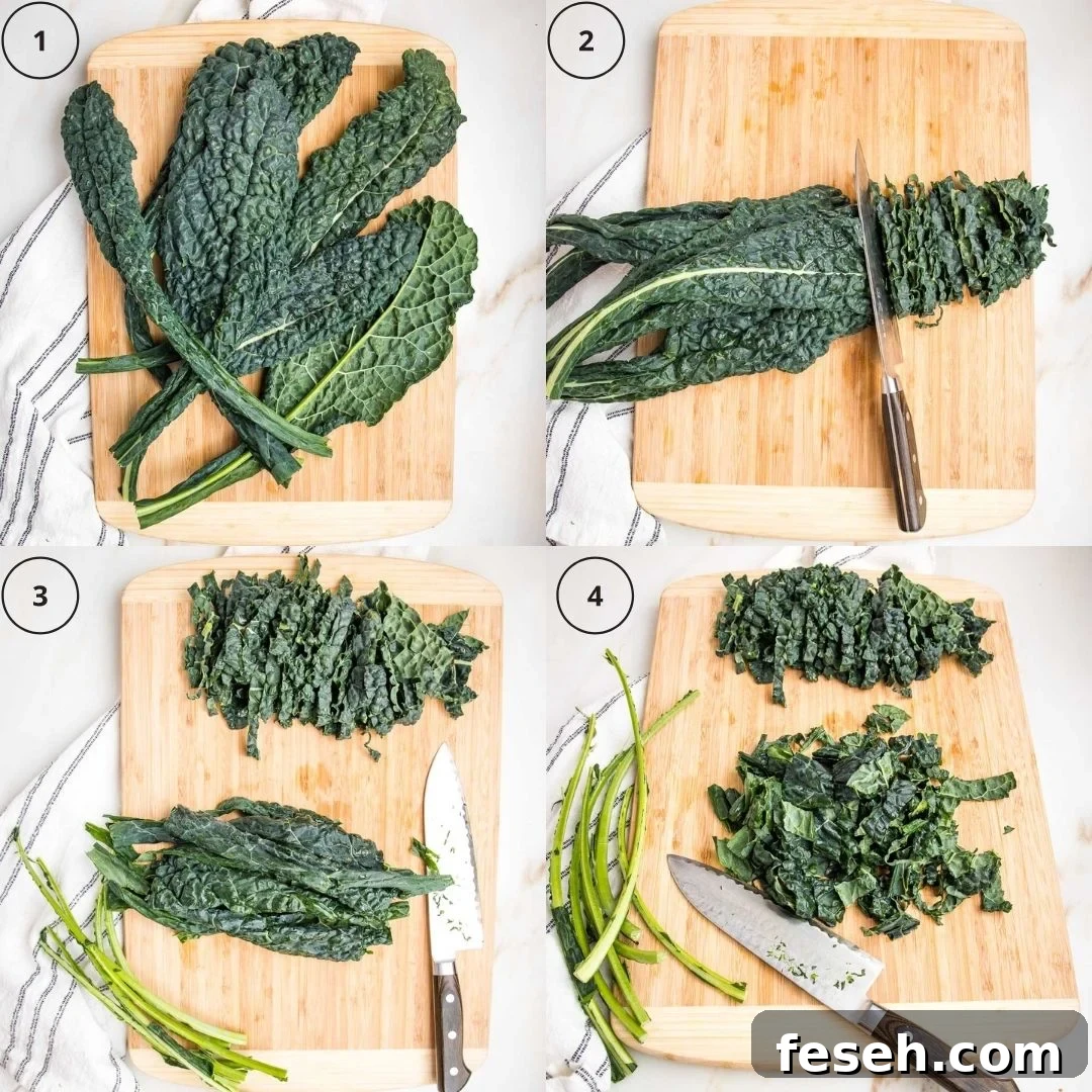 4 images of tuscan kale on a wooden cutting board showing phases of julienne slice.