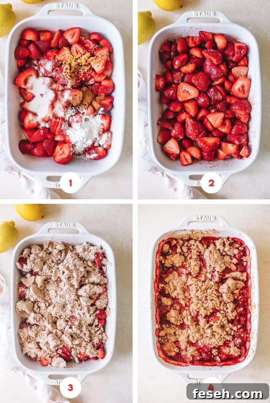 strawberries macerating in casserole dish and topped with oat crumble